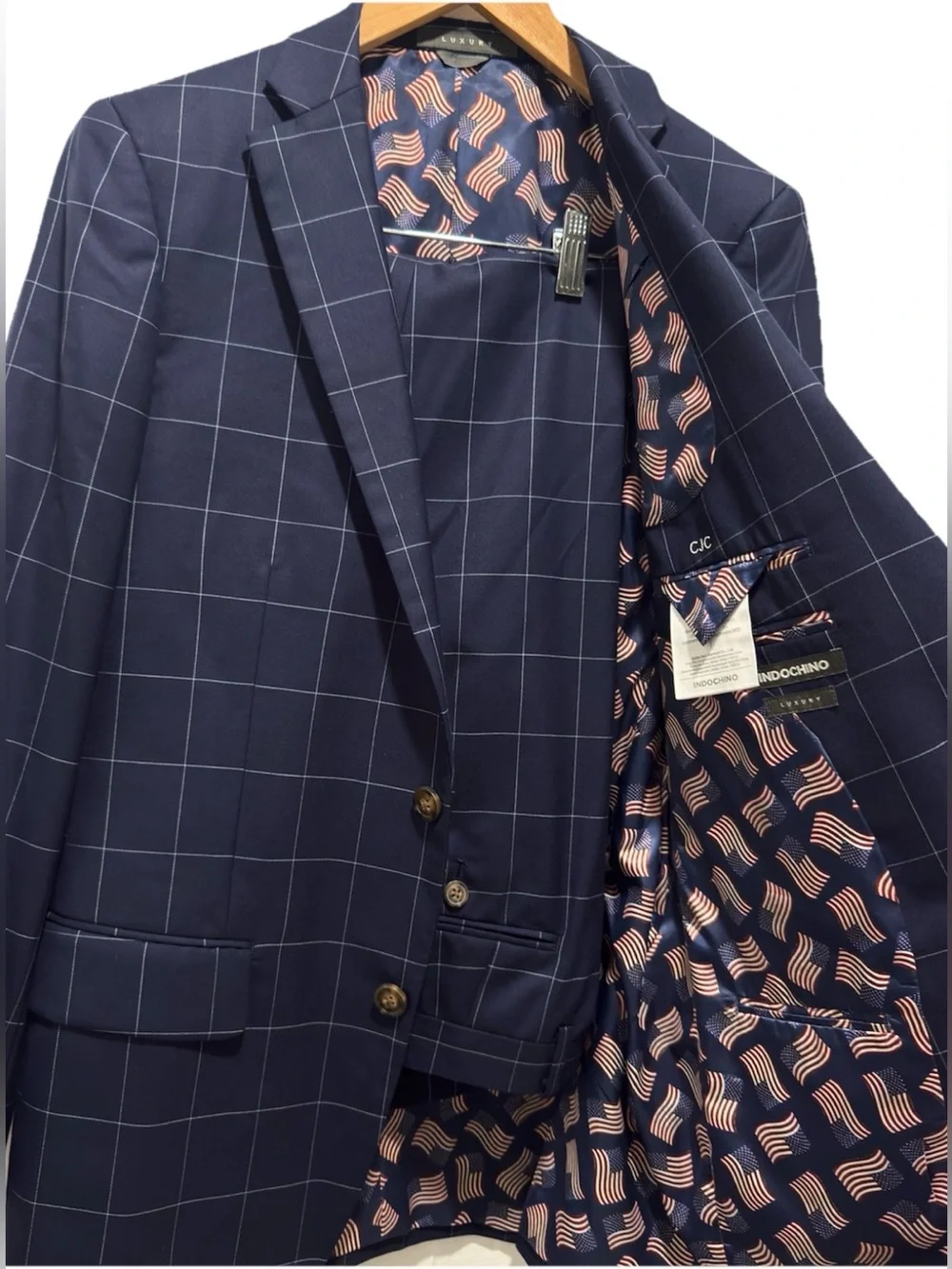 INDOCHINO Custom Wool Suit 40R 34x30 Navy Harrogate Windowpane US Flag Lining